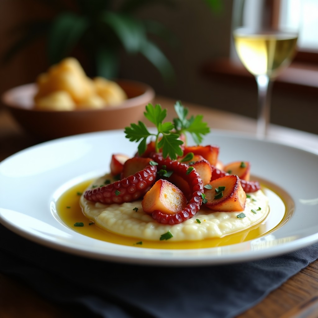 Plato gourmet de pulpo a la gallega con puré de coliflor cremoso, espolvoreado con pimentón de la Vera y perejil fresco, cocinado en Airfryer. Presentación elegante con aceite de oliva virgen extra y trozos de pulpo dorados.