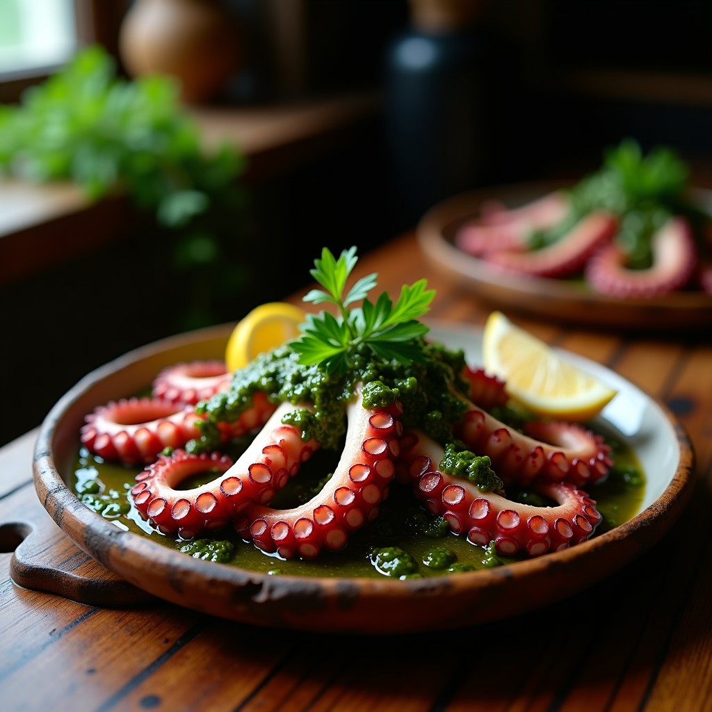 Plato de pulpo a la parrilla con marcas de parrilla doradas, bañado en chimichurri verde de perejil y ajo, servido sobre tabla de madera rústica con limón en rodajas y perejil fresco.