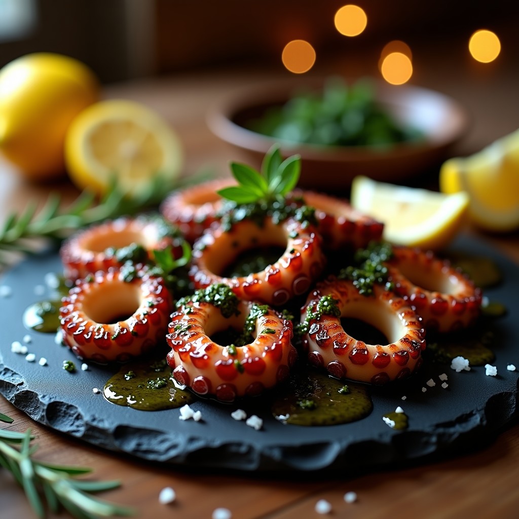 Plato de pizarra con pulpo a la plancha dorado y tierno, bañado en chimichurri de hierbas negras oscuro, acompañado de gajos de limón y ramitas de romero fresco. Receta uruguaya en airfryer.