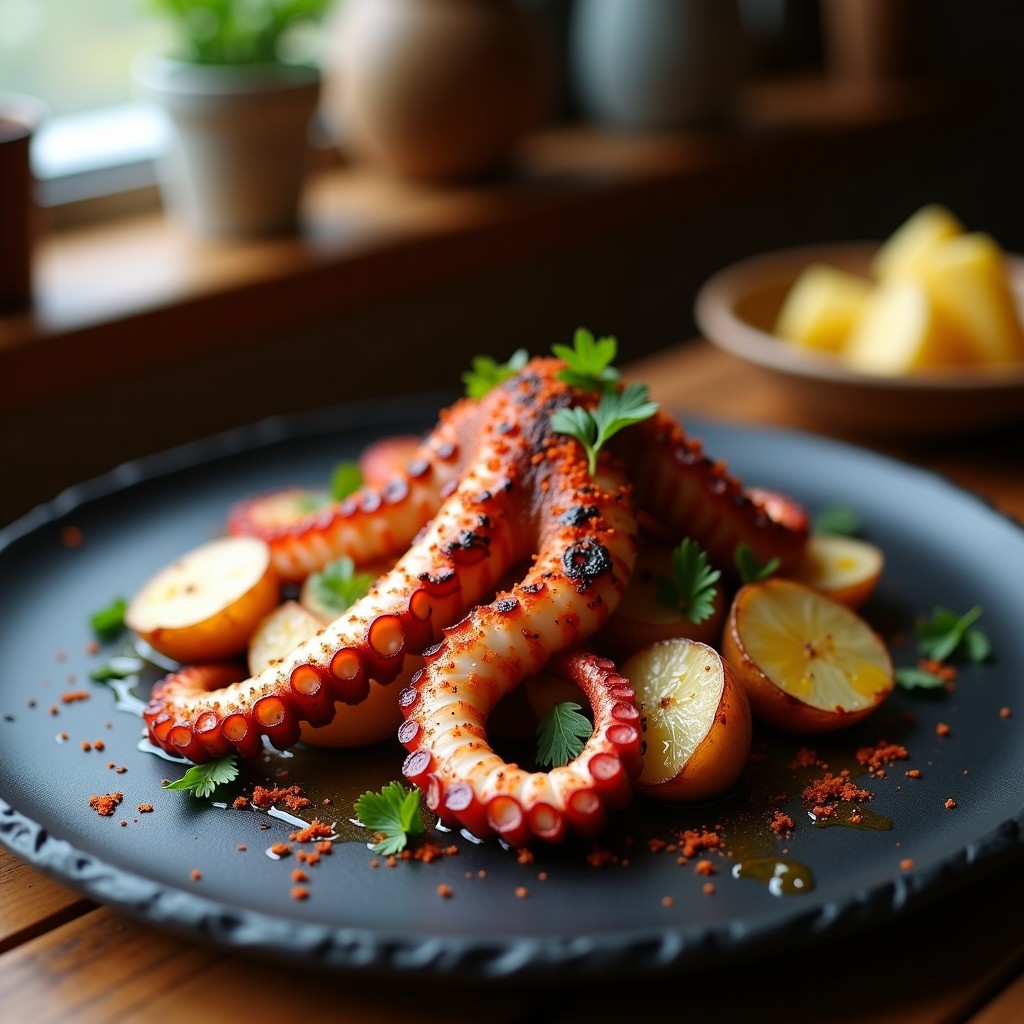 Plato de pizarra con pulpo a la plancha dorado, espolvoreado con pimentón de la Vera, acompañado de patatas panaderas en rodajas con ajo asado y perejil fresco. Receta tradicional gallega en olla exprés.