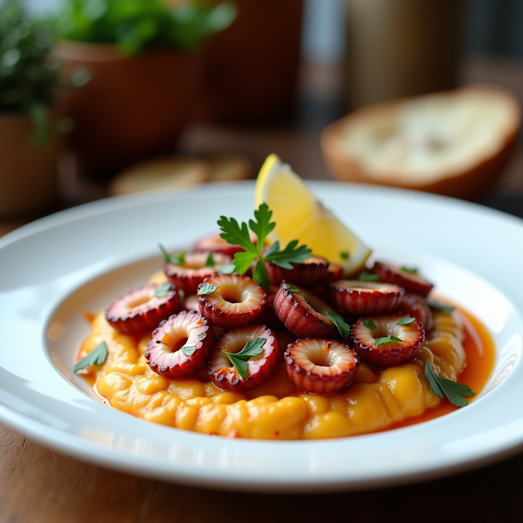 Plato de pulpo a la plancha dorado sobre puré de garbanzos cremoso, espolvoreado con pimentón de la Vera y perejil fresco, servido en airfryer con toques rústicos.