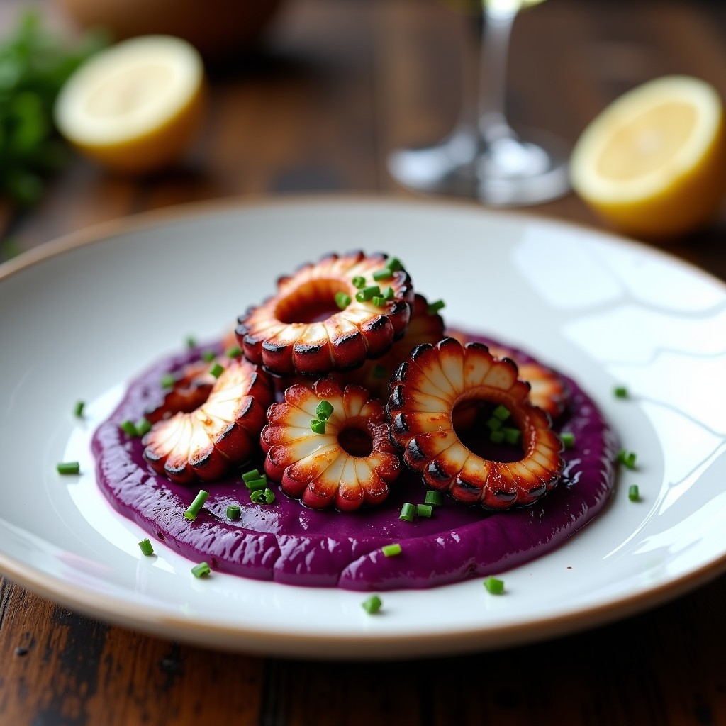 Plato blanco con pulpo a la plancha dorado y jugoso sobre un puré morado cremoso, decorado con hierbabuena fresca y un hilo de aceite de oliva virgen extra. Receta española alta en Omega-3.