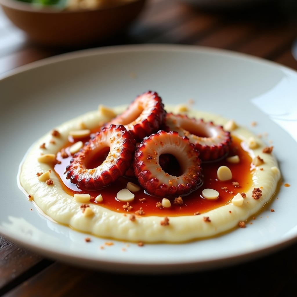 Plato blanco con puré de coliflor cremoso de color marfil, trozos de pulpo al vapor tiernos y dorados, bañados con salsa romesco roja y espesa. Decorado con almendras picadas y un hilo de aceite de oliva virgen extra. Receta keto en olla express.