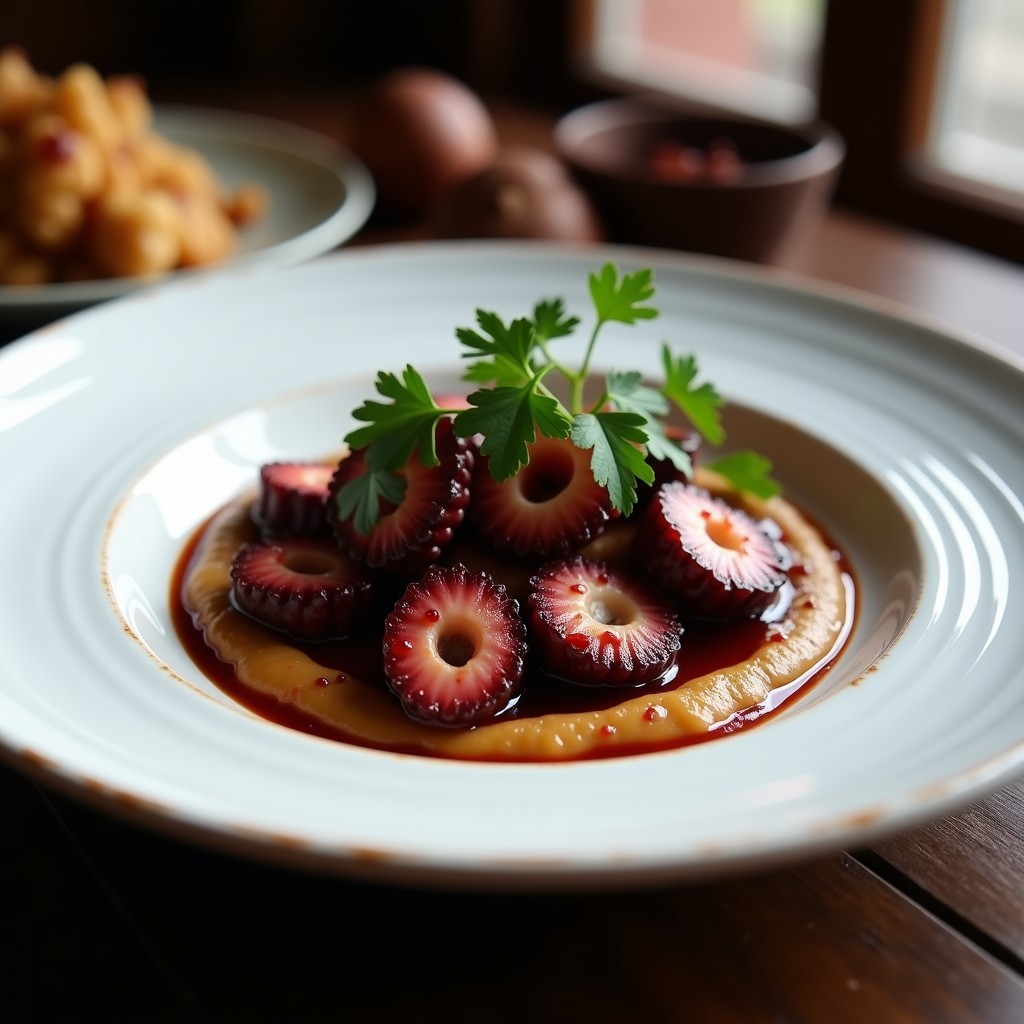 Plato hondo de cerámica negra con pulpo al vino tinto en trozos generosos, bañado en salsa oscura y brillante, acompañado de un puré de castañas cremoso de color beige claro. Decorado con un hilo de aceite de oliva virgen extra y una ramita de romero fresco. Fondo rústico con servilleta de lino y cubiertos de acero.