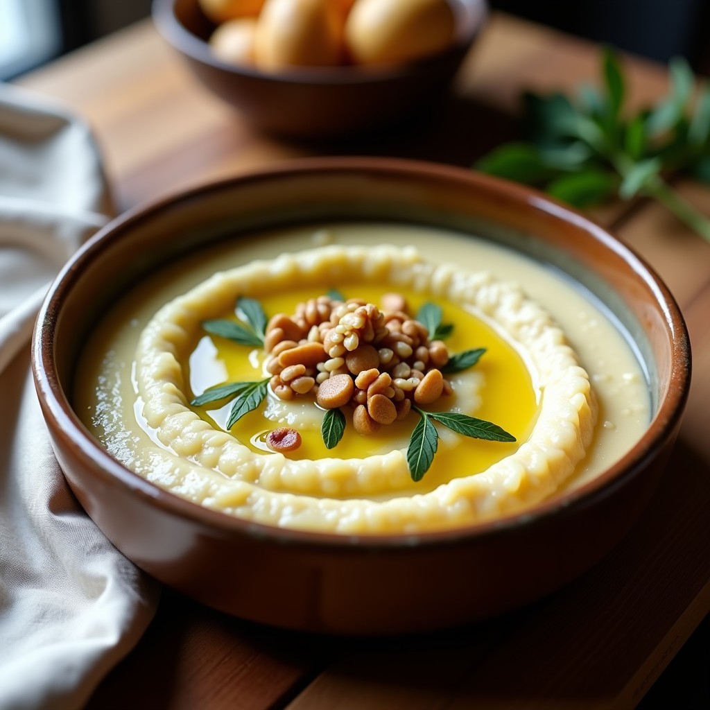 Puré cremoso de apio nabos y patata en bol hondo de barro, decorado con nueces tostadas picadas y perejil fresco, con un hilo de aceite de oliva virgen extra. Receta Thermomix sin lácteos.