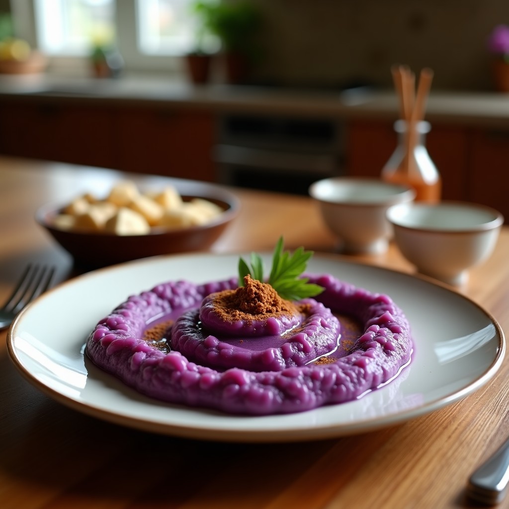 Plato hondo de cerámica blanca con puré de boniato morado vibrante, cremoso y brillante, coronado con nueces picadas y un espiral de leche de coco. Fondo con canela en rama y hojas de menta. Receta antiinflamatoria en olla express.