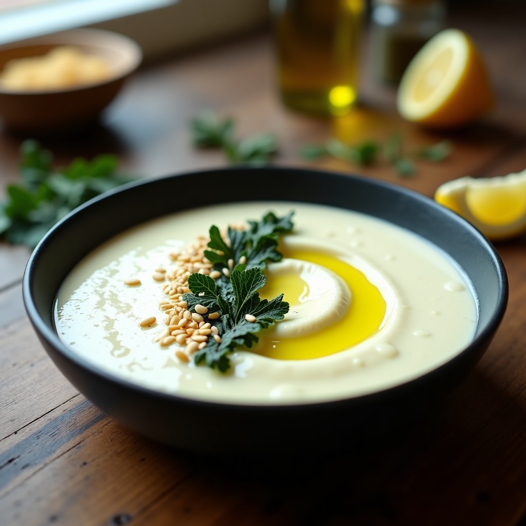 Puré de coliflor cremoso y brillante en bol blanco, con virutas de algas nori oscuras y semillas de sésamo negro espolvoreadas, acompañada de un hilo de aceite de oliva virgen extra. Plato keto y sin lactosa.