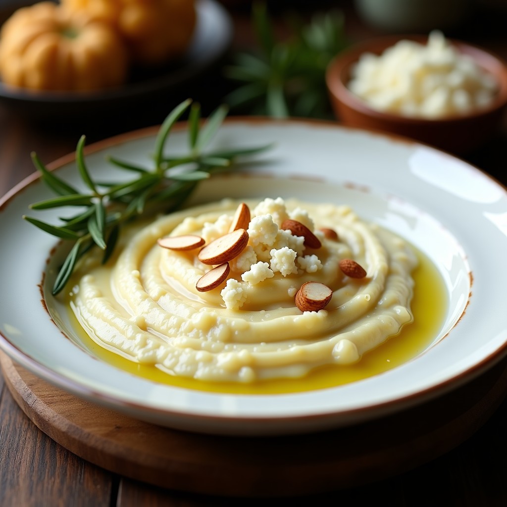 Plato hondo blanco con puré de coliflor ultra cremoso, dorado por el ajo asado y queso de cabra desmenuzado. Decorado con almendras tostadas, cebollino fresco y un hilo de aceite de oliva virgen extra. Fondo rústico con textura de madera.