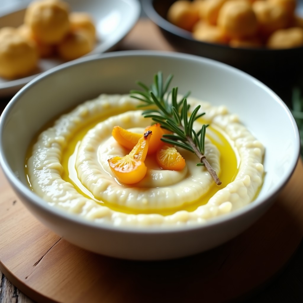 Puré de coliflor ultracremoso en cuenco blanco, decorado con ajo asado dorado, ramitas de romero fresco y un hilo de aceite de oliva virgen extra, receta keto Thermomix.