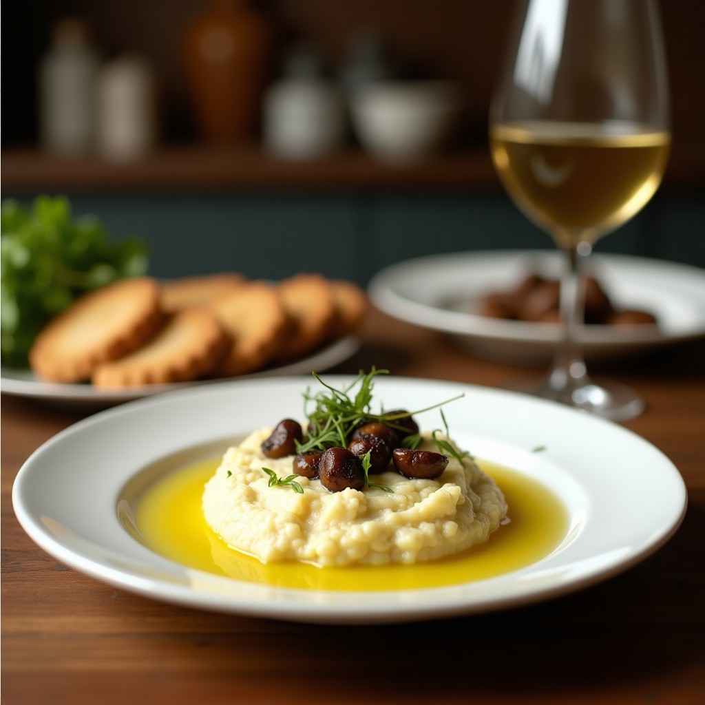 Plato hondo blanco con puré de coliflor ultracremoso de color marfil, coronado con un hilo brillante de aceite de oliva virgen extra y hierbas provenzales. Al fondo, dientes de ajo negro y una cuchara de madera. Receta keto y sin lactosa.