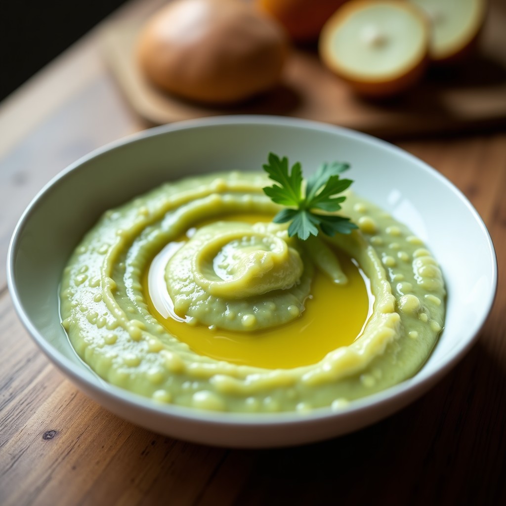 Puré cremoso de coliflor y apio con aroma a trufa en un plato hondo blanco, decorado con hilo de aceite de trufa y pimienta negra, servido como acompañamiento para carnes en un menú keto.
