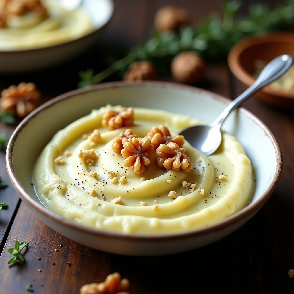 Puré de coliflor cremoso de color blanco marfil en bol hondo, con vetas azules de queso azul desmenuzado y nueces tostadas doradas espolvoreadas. Receta keto en olla exprés, servido con cuchara de madera y ramita de tomillo fresco.