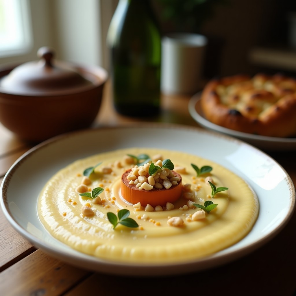 Puré de coliflor cremoso de color blanco marfil en un plato hondo de cerámica, coronado con trozos de queso de cabra blanco, nueces tostadas doradas y cebollino fresco picado. Fondo rústico con servilleta de lino y tenedor de madera.