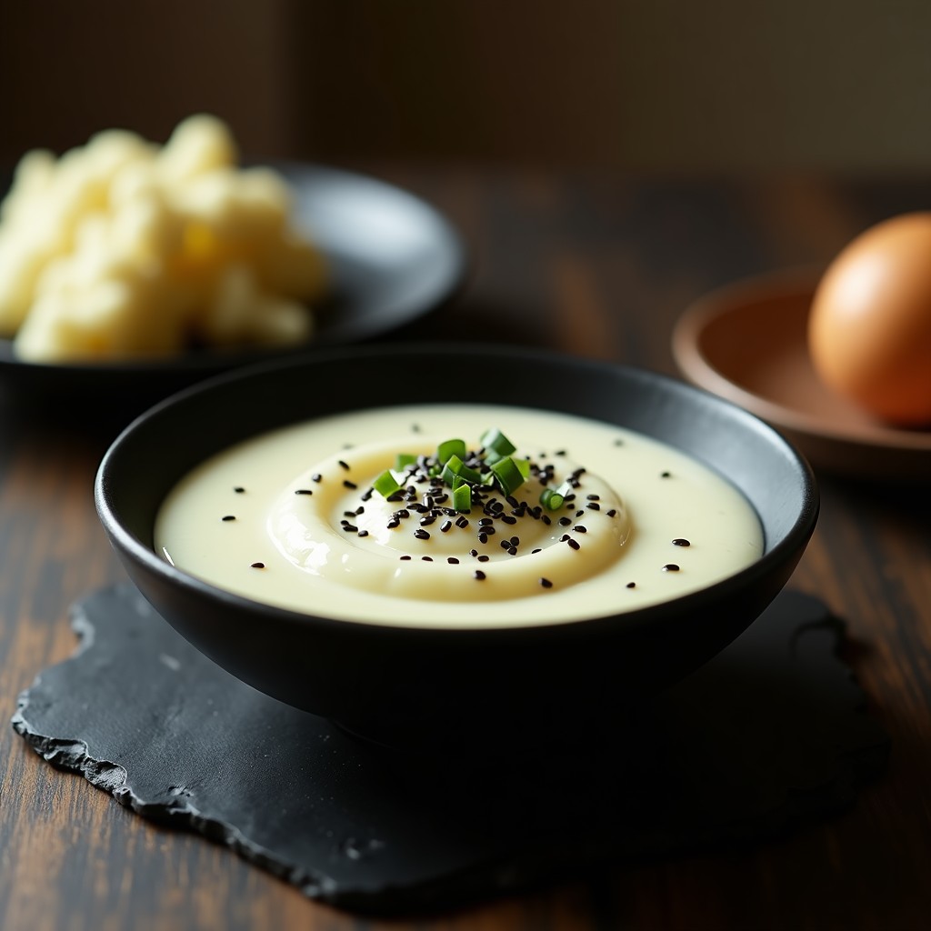 Puré de coliflor cremoso de color blanco marfil en cuenco de cerámica negra, decorado con semillas de sésamo negro tostadas y cebollino picado. Entorno minimalista con fondo oscuro y textura de madera.