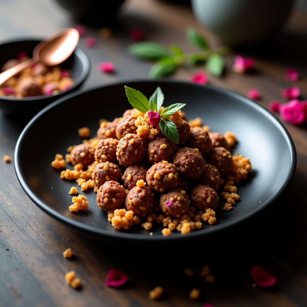 Plato negro con purpurina de chocolate y quinoa inflada, trozos dorados y brillantes de textura crujiente, decorados con pétalos de rosa comestibles y hojas de muña sobre fondo rústico de madera oscura.