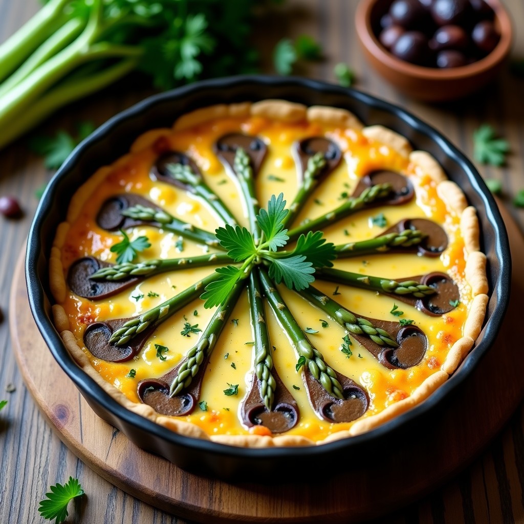 Quiche sin masa de champiñones portobello y espárragos verdes con leche de avena, horneada en molde redondo, superficie dorada y decorada con perejil fresco, receta vegana francesa.