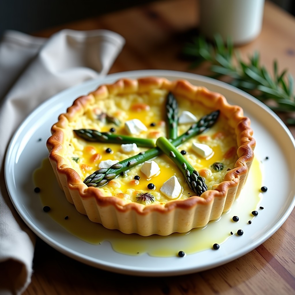 Crustless quiche de espárragos y queso de cabra keto dorada en molde redondo, con trozos de espárragos trigueros y queso de cabra desmenuzado visibles, servida en plato blanco con hilo de aceite de oliva y semillas de amapola espolvoreadas.