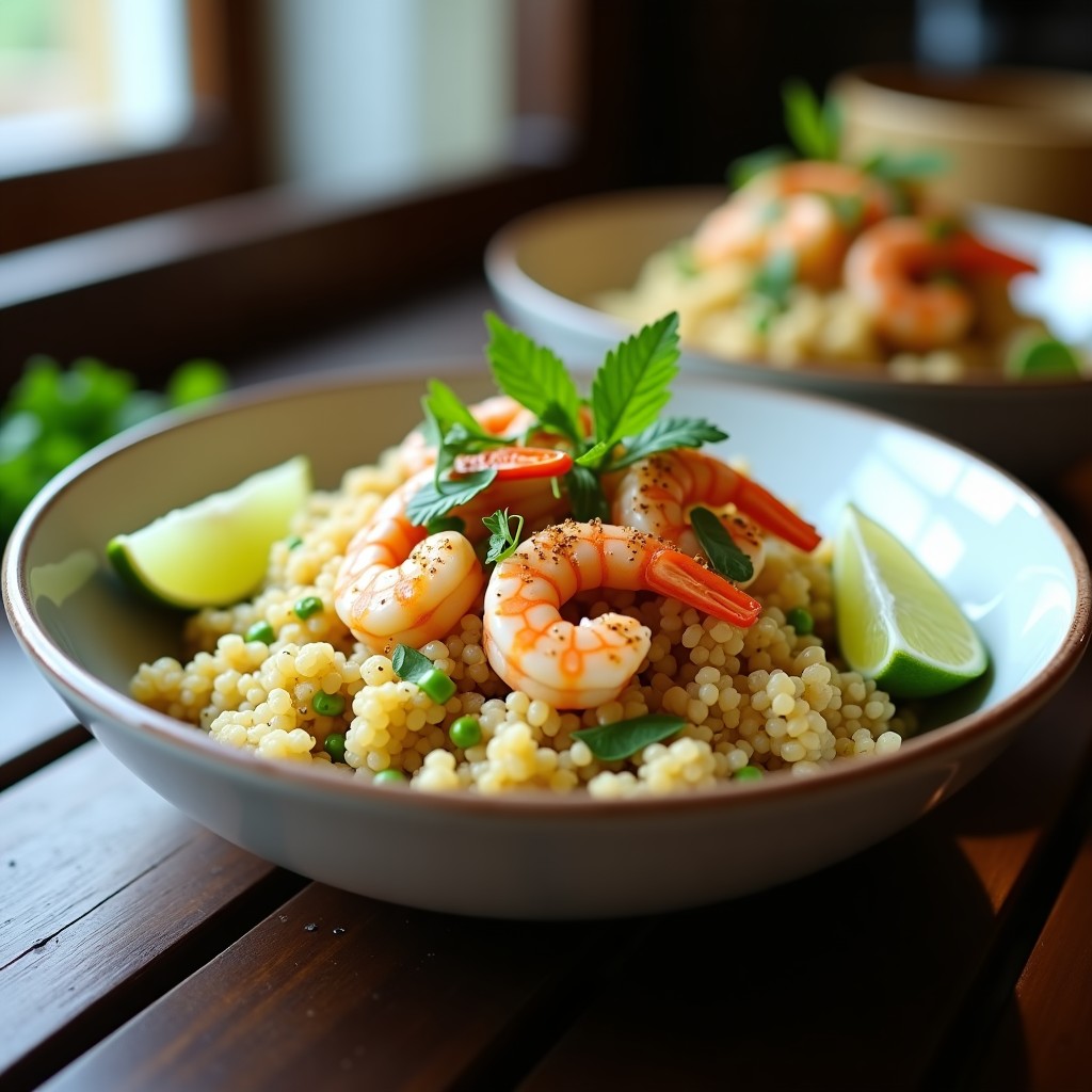 Plato hondo blanco con bssa de quinoa esponjosa, gambas rosadas y trozos de pimiento rojo y cebolla morada, decorado con cilantro fresco y rodajas de limón, servido con un tallo de zitronengras al lado.