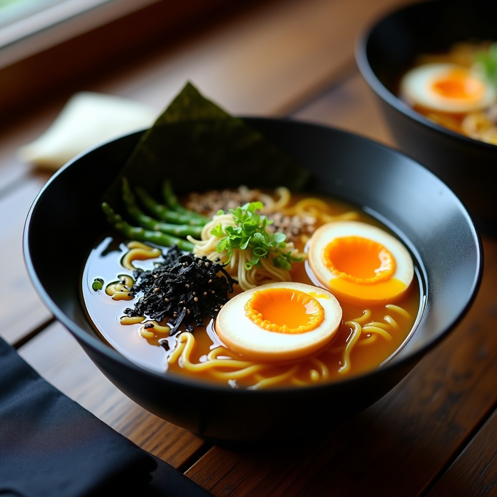 Bowl de ramen keto con caldo de bone broth dorado, fideos shirataki translúcidos, huevo marinado cortado por la mitad mostrando yema cremosa, brotes de espárrago triguero, algas nori y semillas de sésamo negro, decorado con cebollino y un hilo de aceite de sésamo tostado.