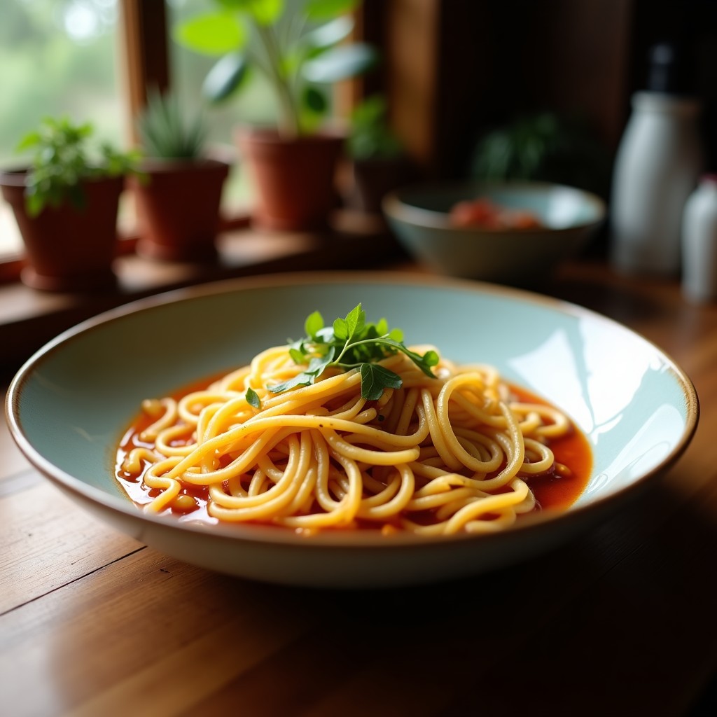 Cuenco hondo negro con ramen de calabacín espiralizado, brotes de soja frescos, huevo marinado en salsa de soja cortado por la mitad, algas nori desmenuzadas y semillas de sésamo negro. Caldo dorado y humeante con aroma a umami, decorado con cebollino picado y un hilo de aceite de sésamo. Receta japonesa low-carb en 20 minutos.