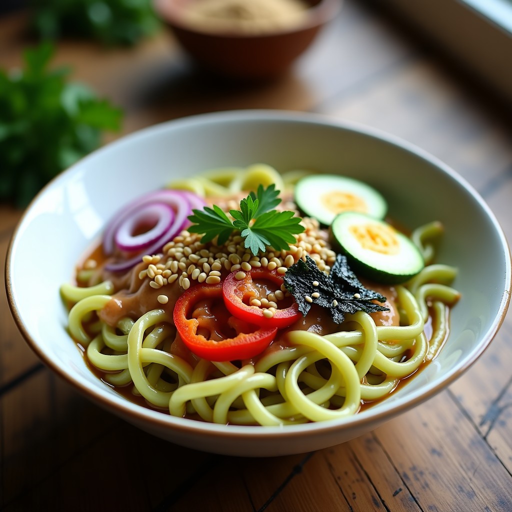 Bowl de ramen vegano sin cocción con fideos de calabacín espiralizado, zanahoria juliana, pimiento rojo, brotes de alfalfa y algas wakame, cubierto con una cremosa salsa de cacahuete y sésamo. Decorado con semillas de sésamo negro y blanco, cacahuetes picados, cebollino y hojas de cilantro fresco.