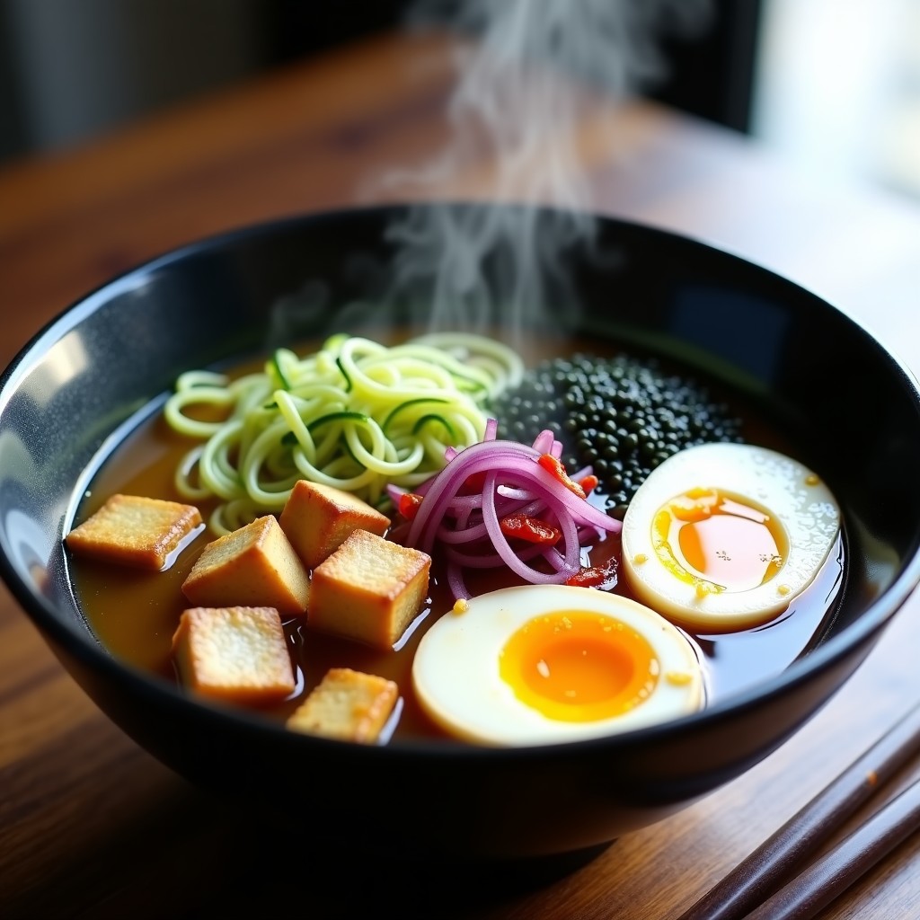 Cuenco hondo de cerámica negra con ramen de calabacín espiralizado, tofu sedoso desmenuzado, champiñones shitake, huevo marinado cortado por la mitad y decorado con algas nori, semillas de sésamo negro y cebolleta picada. Caldo dorado y espumoso con aroma a miso y sésamo. Receta japonesa low-carb en 20 minutos.