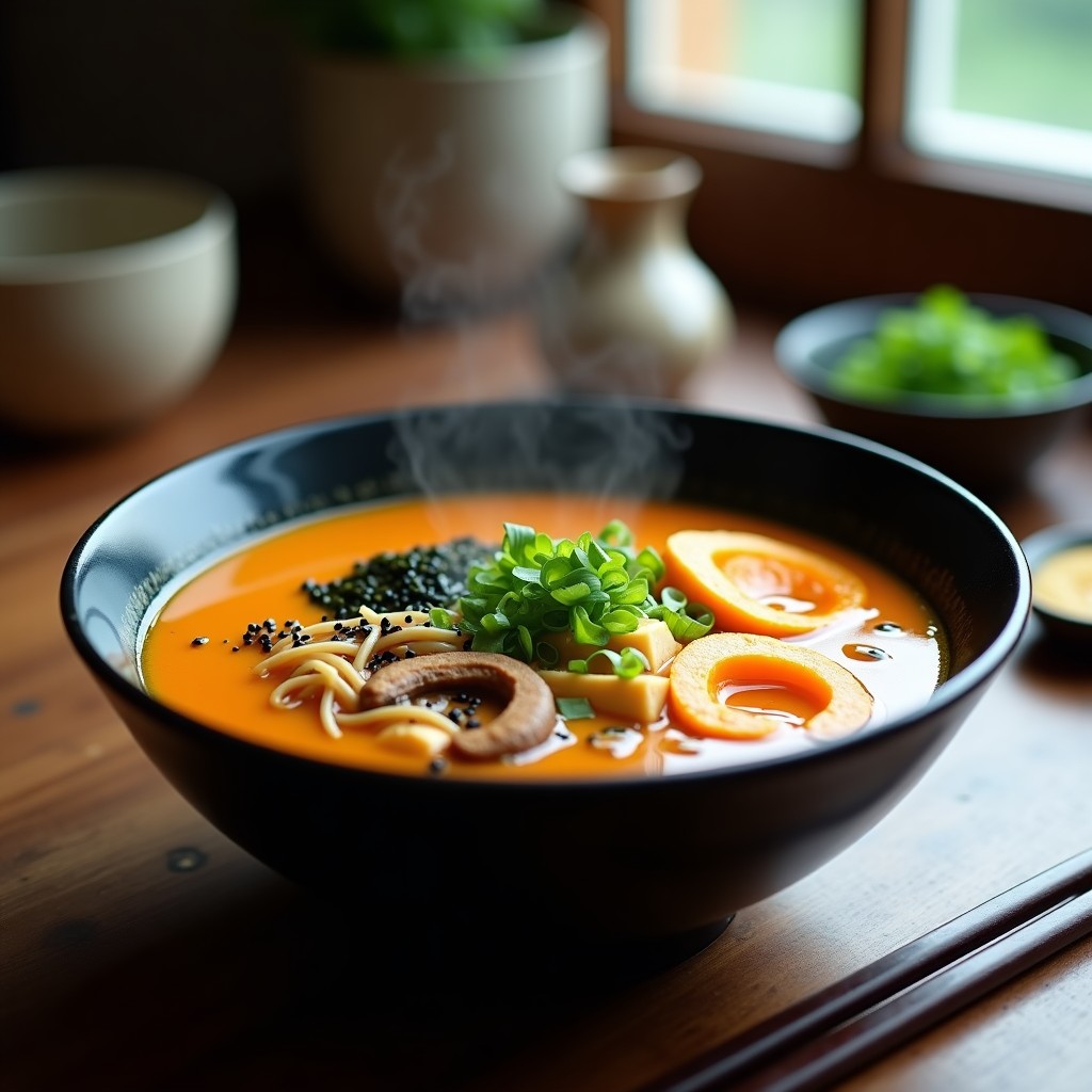 Cuenco hondo negro con ramen vegano de calabaza y hongos shiitake en Thermomix, caldo dorado cremoso, fideos integrales, tofu dorado, algas wakame y semillas de sésamo, decorado con cebollino fresco.