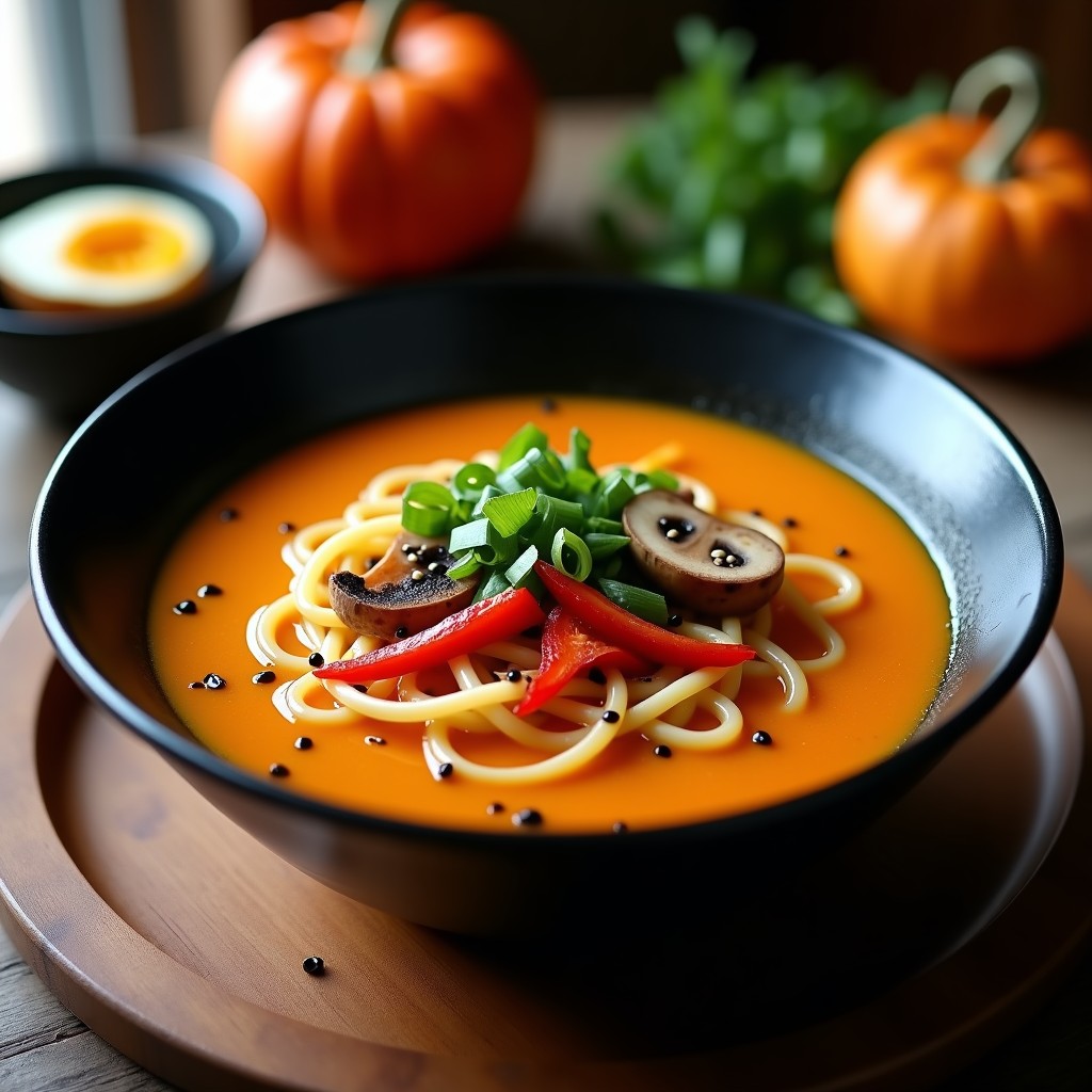 Bol hondo negro con ramen vegano de calabaza y jengibre en Thermomix, fideos de arroz bañados en caldo cremoso naranja, decorado con semillas de sésamo negro, cebollino y champiñones shiitake. Toque picante y umami.