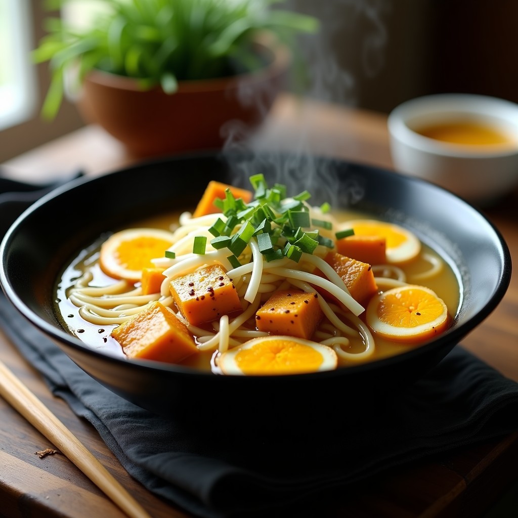 Cuenco de cerámica negra con ramen de calabaza y tofu, caldo cremoso anaranjado, huevos marinados cortados por la mitad, tofu dorado, espinacas baby y semillas de sésamo. Plato gourmet vegano francés con fondo de mesa rústica y hierbas provenzales.