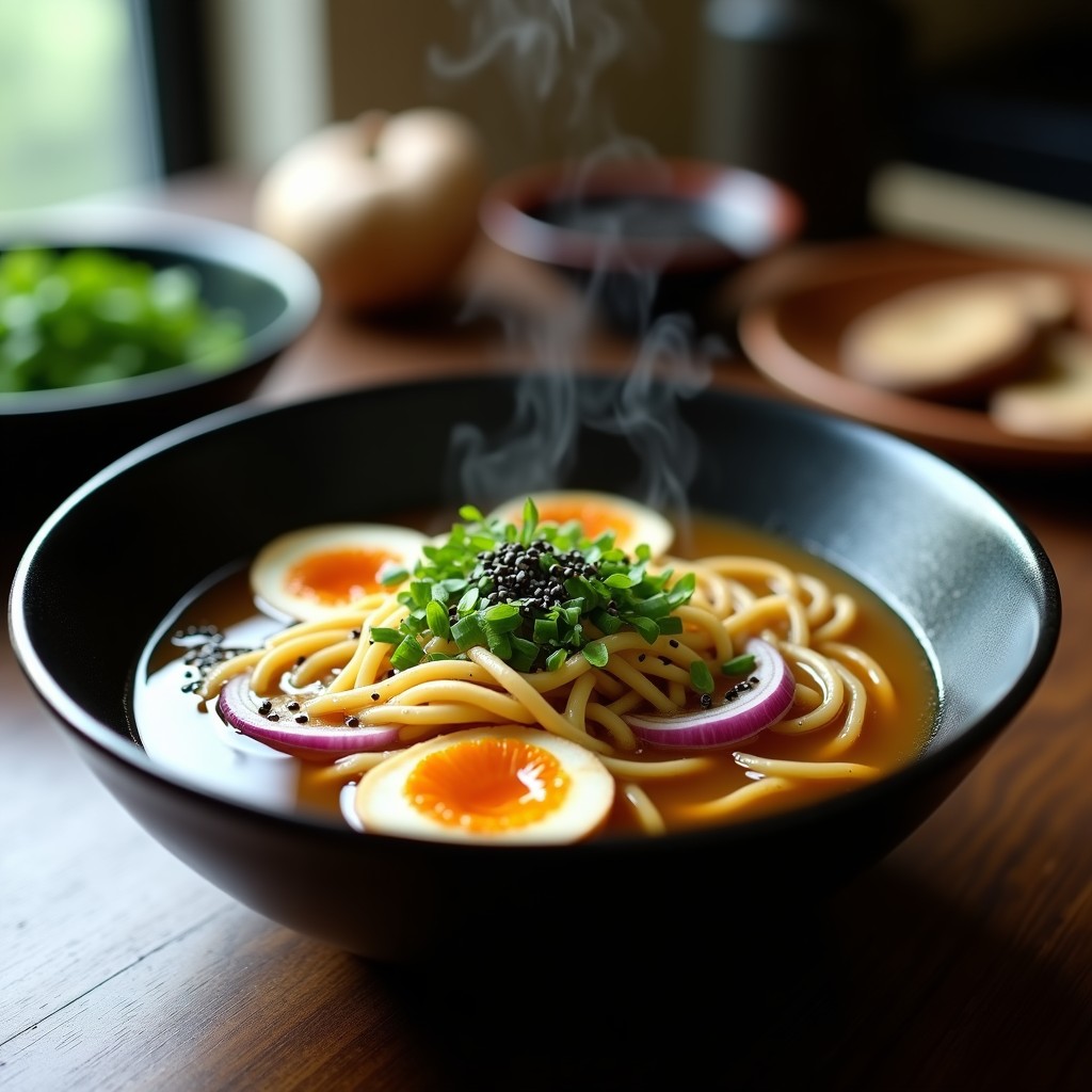 Cuenco hondo de cerámica negra con ramen vegano para el cerebro: fideos dorados bañados en caldo umami de algas, setas Lion’s Mane doradas, brotes de soja frescos, cebollino picado y semillas de sésamo negras espolvoreadas. Fondo borroso con ingredientes crudos al lado.