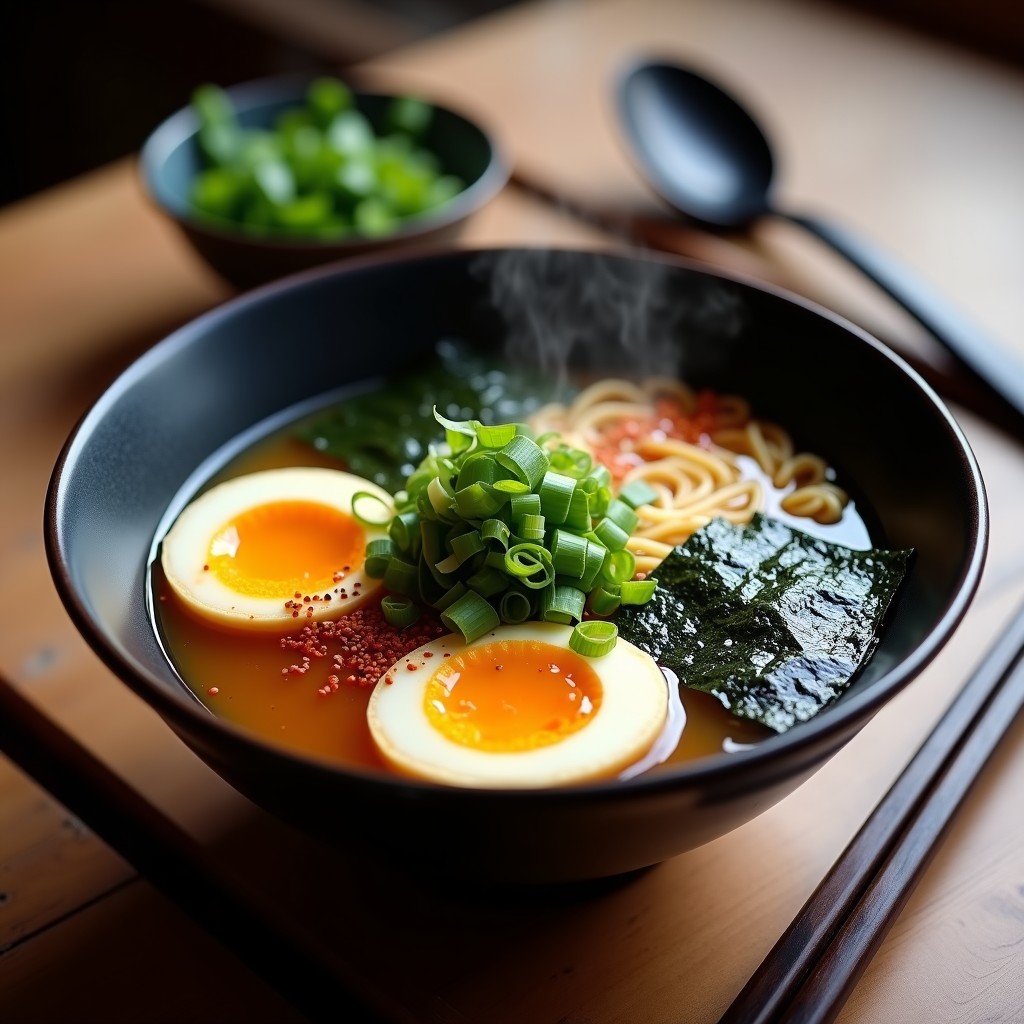 Cuenco hondo de cerámica negra con ramen de caldo de huesos de cerdo espeso y dorado, fideos shirataki blancos, huevo marino cortado por la mitad mostrando yema cremosa, algas wakame verdes, cebollino picado y copos de chile rojo. Plato tradicional japonés keto con alto contenido en colágeno.