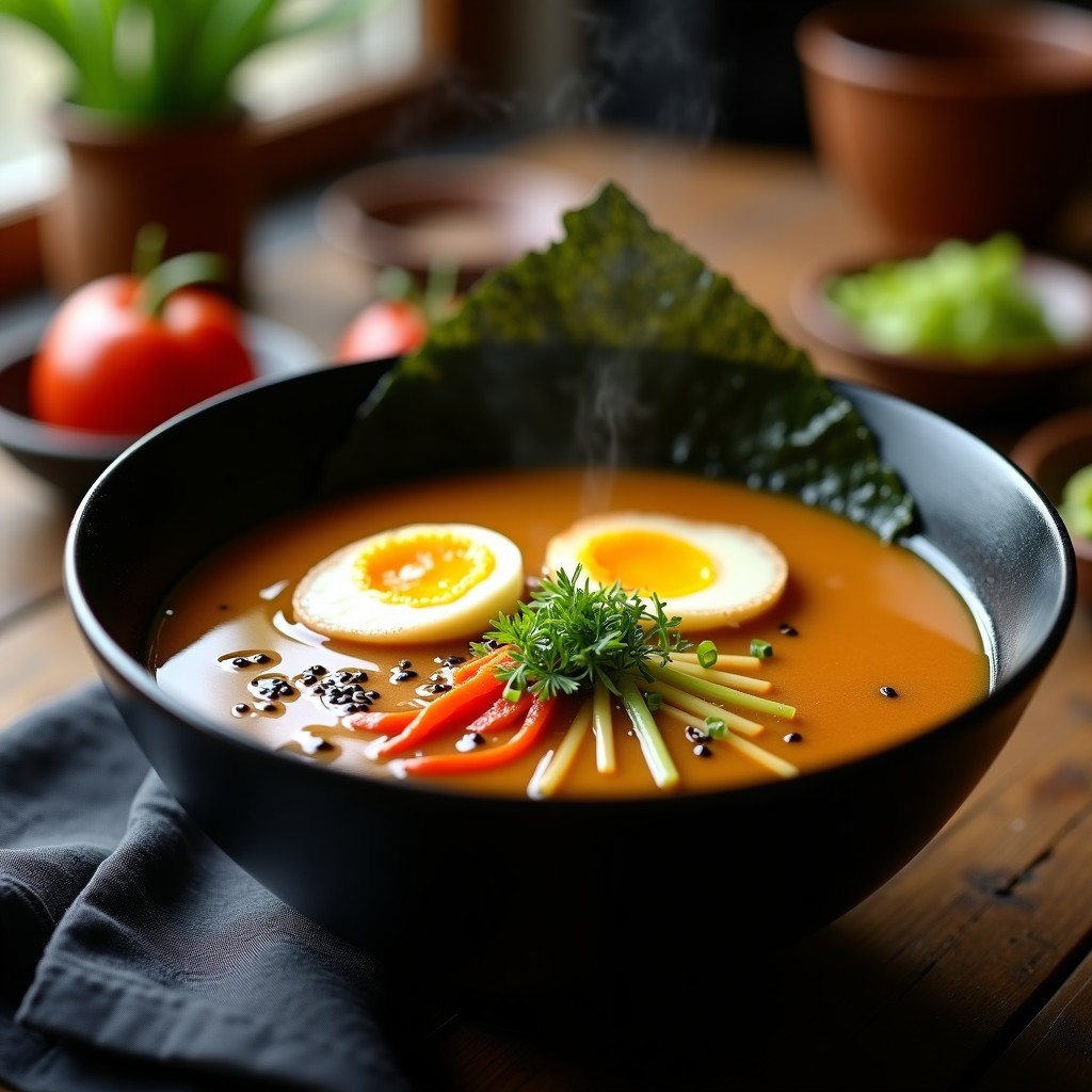 Bol hondo de cerámica negra con ramen keto: caldo de huesos dorado y espumoso, fideos shirataki translúcidos, huevo marinado cortado por la mitad mostrando yema cremosa, brotes de soja, cebollino picado y chile rojo. Plato gourmet bajo en carbohidratos con texturas contrastadas.