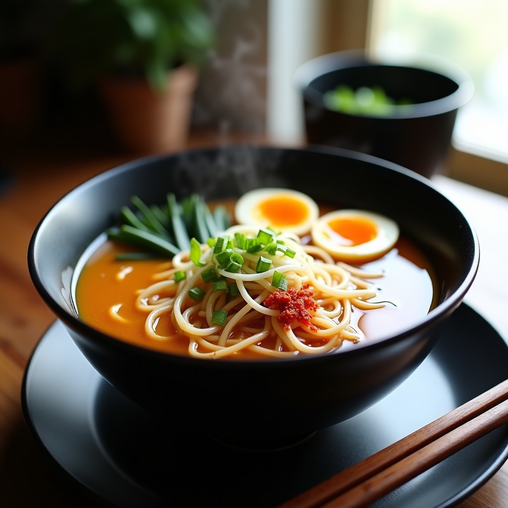 Cuenco hondo de cerámica negra con ramen de caldo óseo dorado, huevos marinados en salsa de soja cortados por la mitad mostrando yema cremosa, fideos ramen, algas nori, cebollino picado y semillas de sésamo negro. Plato japonés alto en proteína preparado en Thermomix.