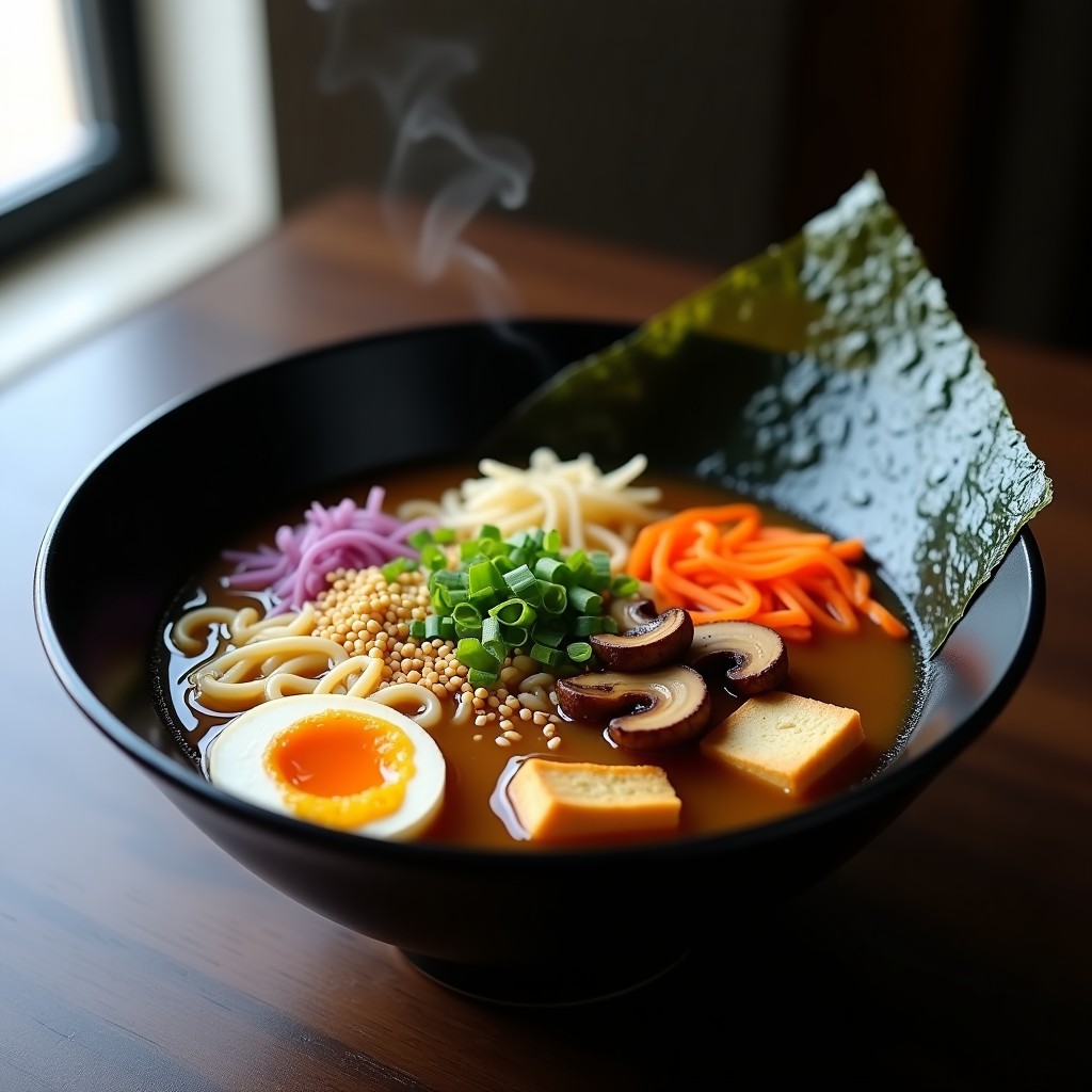 Cuenco hondo de ceramica negra con ramen vegano de miso y tofu, fideos de arroz, champiñones shiitake, zanahoria, cebolla morada, algas nori y semillas de sésamo, decorado con cebollino fresco.