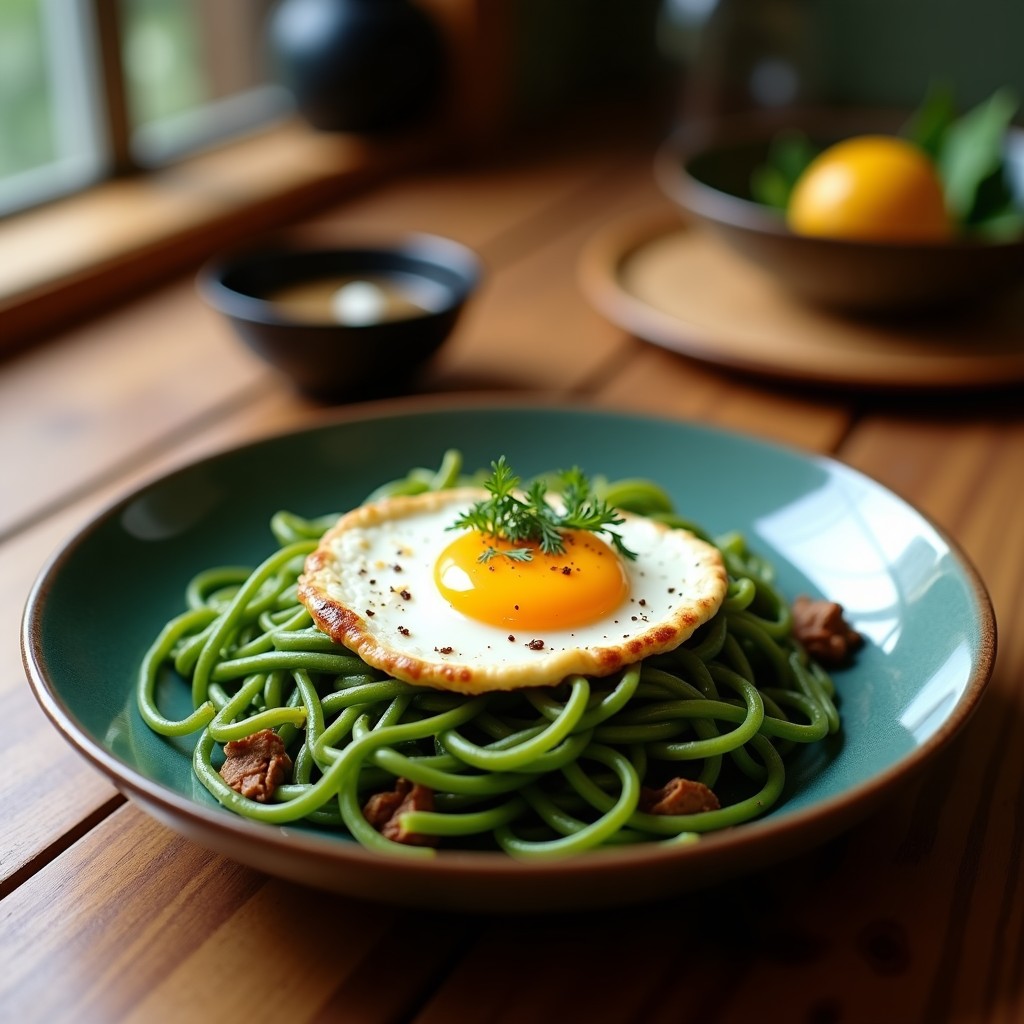 Bol hondo negro con ramen vegano en airfryer: caldo verde azulado de espirulina, fideos sin gluten, huevo marinado vegano cortado por la mitad mostrando textura gelatinosa, brotes de soja frescos, cebollino picado y aceite de sésamo brillante. Plato decorado con semillas de sésamo negro.