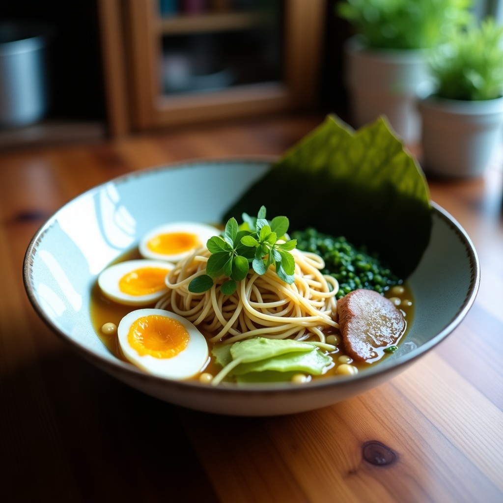 Bol hondo negro con ramen de espirulina y verduras, fideos de arroz integral bañados en un caldo verde esmeralda, espinacas baby, alga wakame, zanahoria en juliana, brotes de soja y semillas de sésamo negro. Decorado con rodajas de limón y un toque de aceite de sésamo. Receta japonesa detox y alta en hierro.