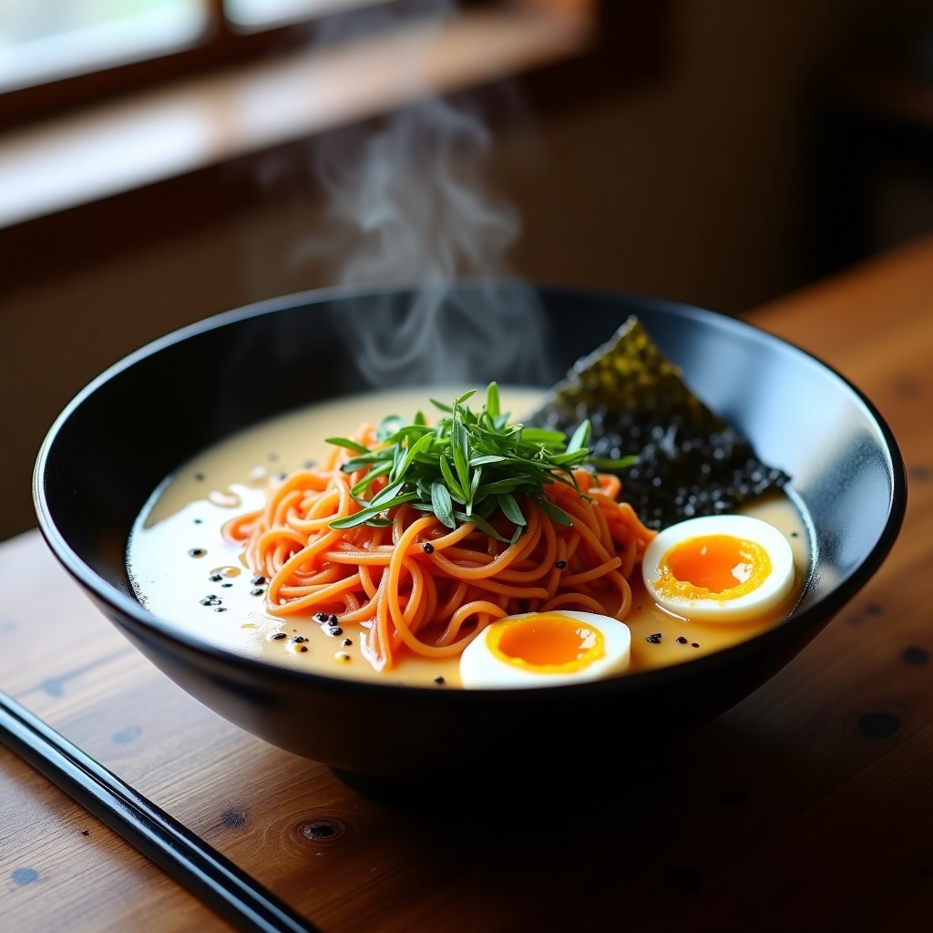 Cuenco hondo de cerámica negra con ramen keto de fideos de lentejas caseros, caldo de miso blanco espumoso, tofu dorado, brotes de soja frescos, cebollino y semillas de sésamo negro, servido con palillos y cuchara de madera sobre fondo rústico.