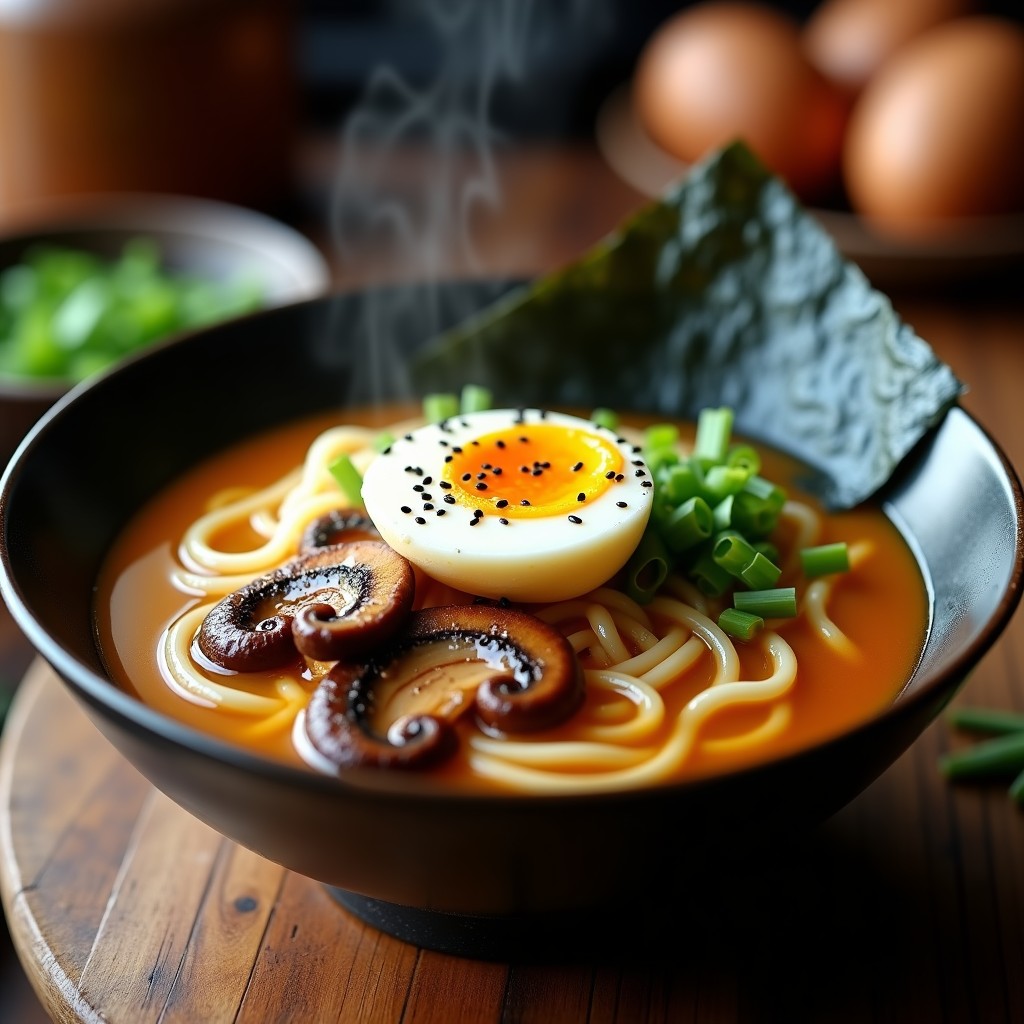 Bowl negro de cerámica con ramen keto: caldo dorado de bones broth, fideos shirataki, hongos shiitake salteados, huevos de codorniz marinados cortados por la mitad, algas nori, cebollino y semillas de sésamo negro. Plato humeante sobre fondo de madera oscura.