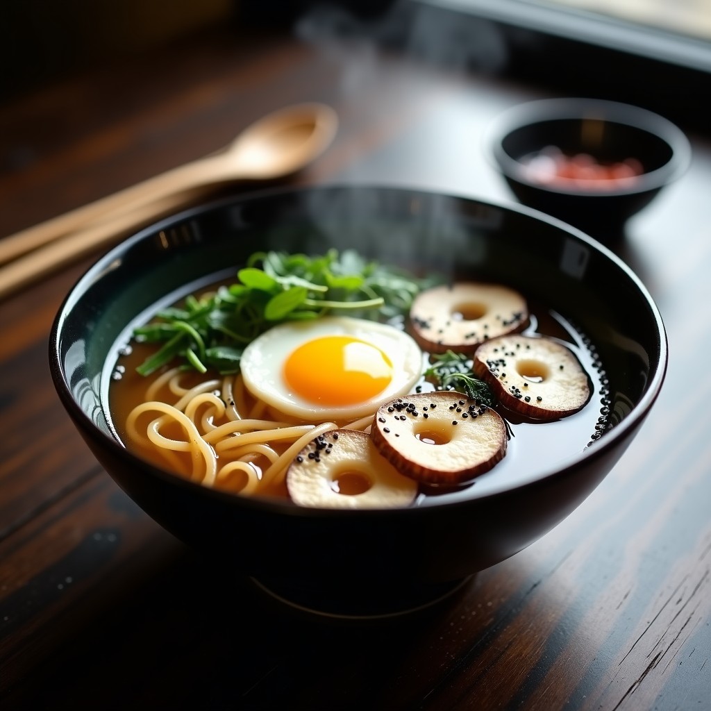 Cuenco hondo de cerámica negra con ramen de fideos de konjac transparentes, caldo dorado de bone broth, hongos lion’s mane en láminas, huevo marinado, algas nori y cebollino. Plato antiinflamatorio y keto.