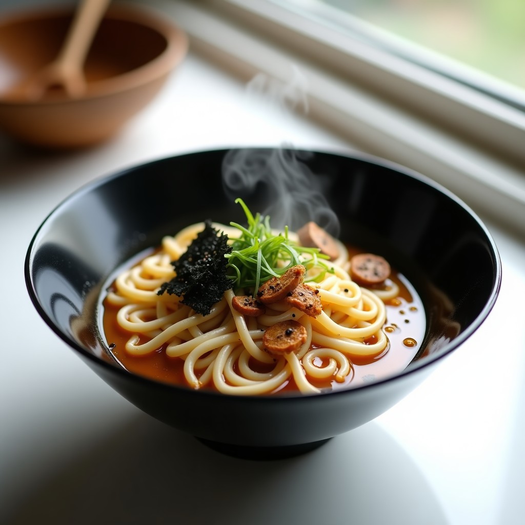 Bol hondo negro con TikTok Ramen de fideos de konjac blancos, setas shiitake y enoki doradas, huevas de sésamo tostadas, alga nori y semillas de sésamo negro. Plato keto viral con fondo de cocina minimalista.