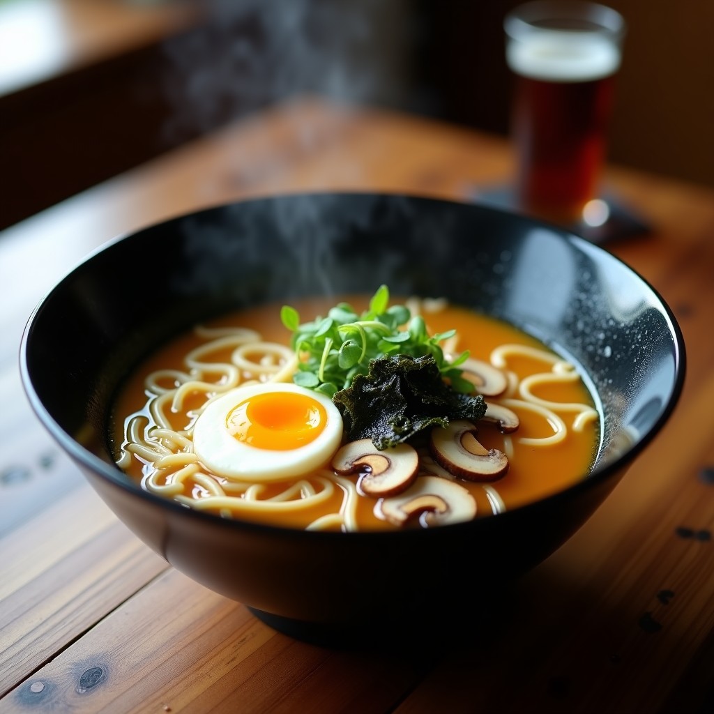 Bowl hondo negro con ramen keto: caldo dorado de bone broth y miso blanco, fideos shirataki transparentes, huevo pochado con yema líquida, champiñones shiitake, algas nori y cebollino. Plato reconfortante y bajo en carbohidratos.