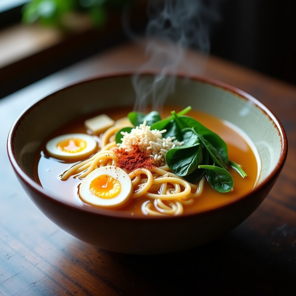 Bol hondo de cerámica negra con ramen vegano keto: caldo dorado de miso con hongos enoki blancos, espinacas verdes, tofu sedoso y fideos de konjac translúcidos. Decorado con semillas de sésamo negro y un hilo de aceite de sésamo. Fondo de mesa de madera oscura con palillos de bambú.