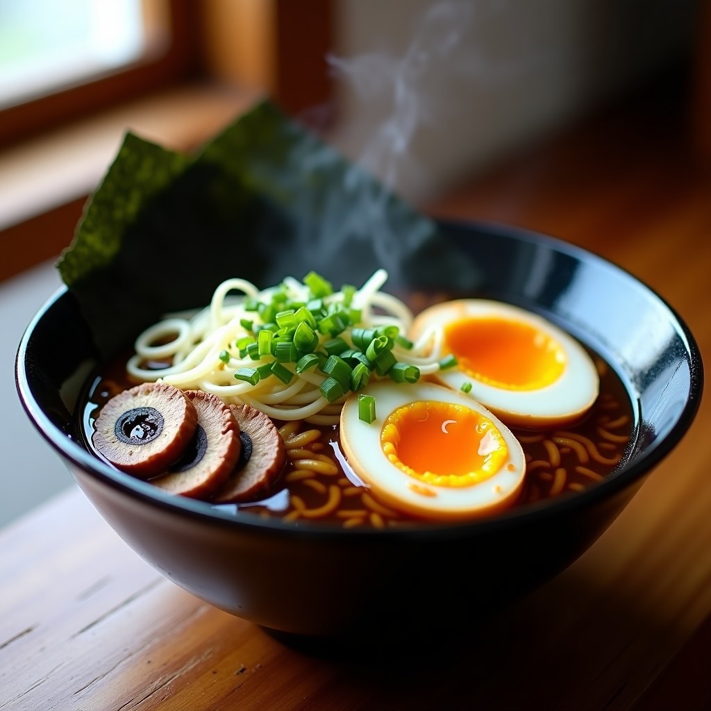 Cuenco hondo de cerámica negra con ramen de miso negro humeante, huevo marinado partido por la mitad mostrando yema cremosa, hongos shiitake dorados, cebollino picado y semillas de sésamo tostadas. Fondo borroso con palillos japoneses y salsa de soja.