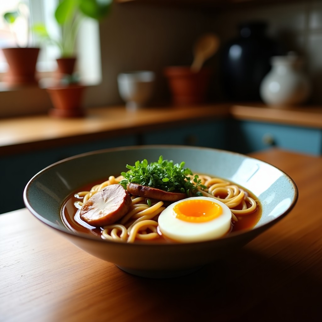 Cuenco hondo de cerámica oscura con ramen keto: fideos de konjac blancos, setas shiitake doradas, espinacas verdes y caldo de miso espumoso, decorado con semillas de sésamo negro y cebollino. Receta japonesa sin gluten.