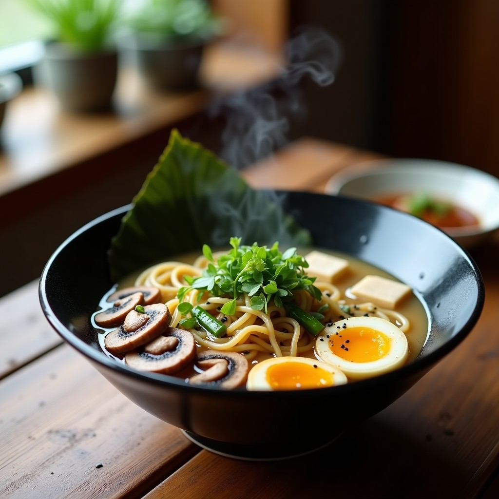 Cuenco hondo de cerámica negra con ramen de miso vegano, fideos dorados bañados en caldo cremoso color beige, hongos shimeji marrones, espárragos trigueros verdes, tofu sedoso blanco y semillas de sésamo negro. Decorado con cebollino picado y un hilo de aceite de sésamo brillante.