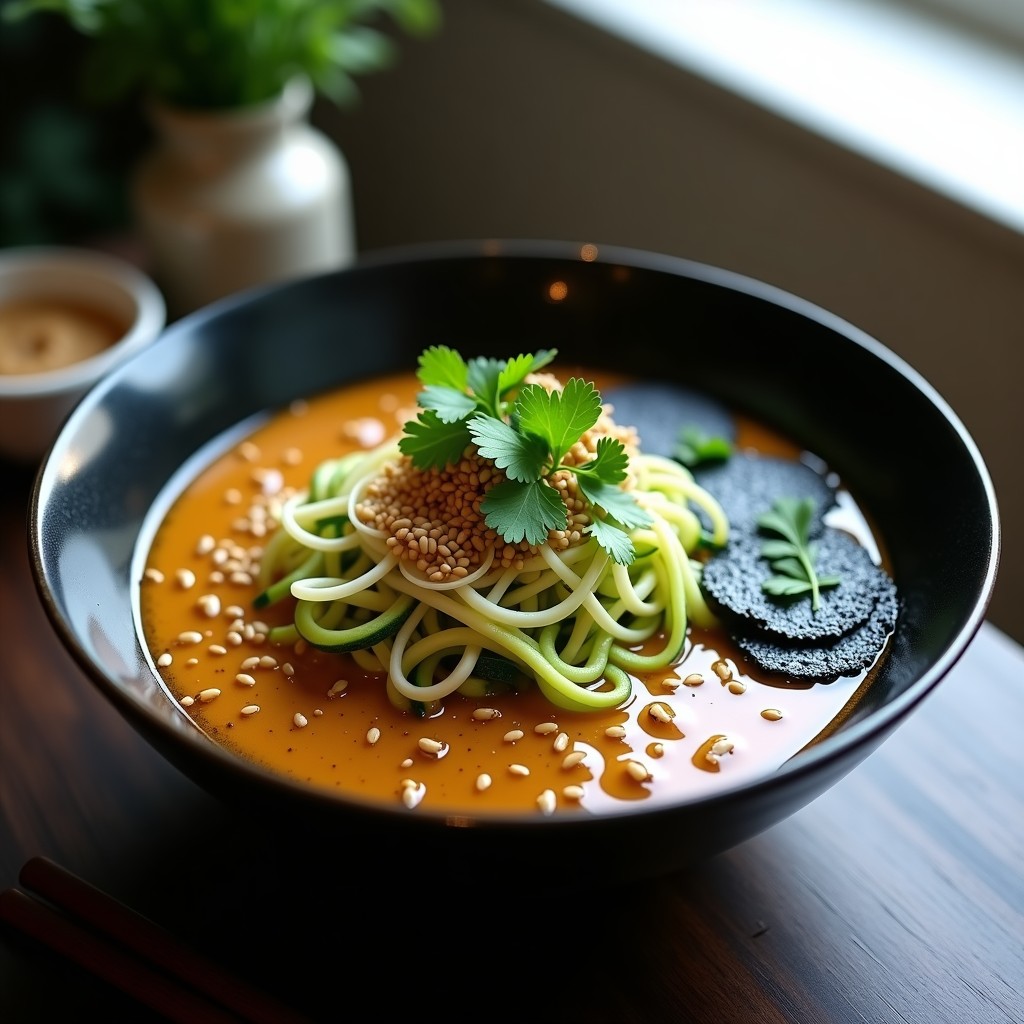 Bowl blanco hondo con ramen de misozu vegano: caldo cremoso color beige, calabacín espiralizado verde claro, tofu ahumado dorado, champiñones shiitake, brotes de soja y decoración de semillas de sésamo negro y algas nori. Plato bajo en carbohidratos y vegano.