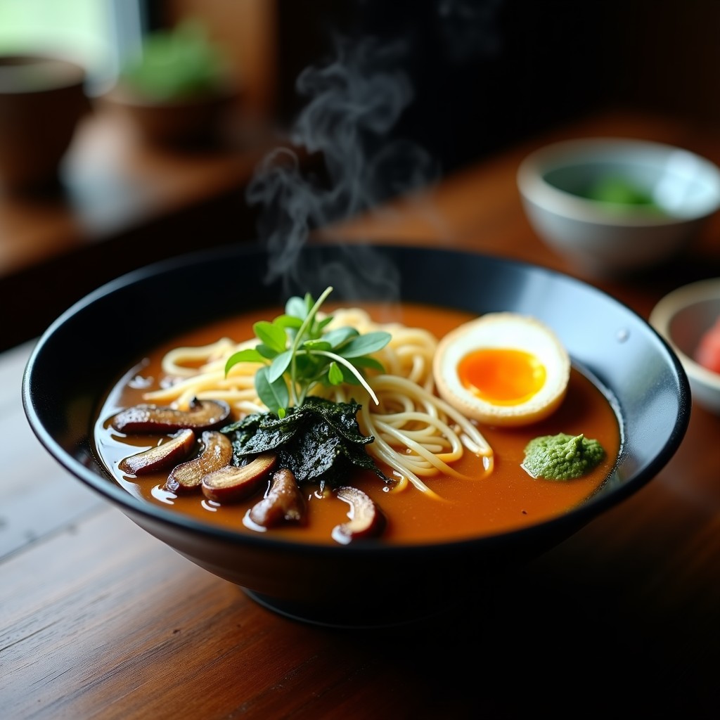 Cuenco hondo de cerámica negra con ramen de pollo y champiñones shiitake, caldo dorado humeante, huevo marinado cortado por la mitad mostrando yema cremosa, brotes de soja, cebollino picado y pimienta de sichuan. Receta japonesa en olla lenta.