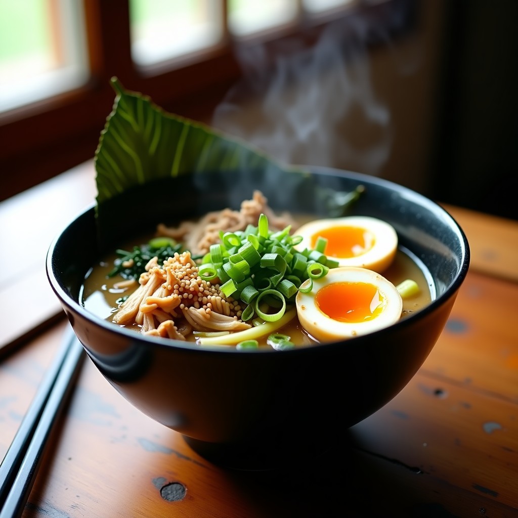 Cuenco hondo de cerámica negra con ramen de pollo y miso, espaguetis de calabacín verdes, huevo marinado cortado por la mitad mostrando yema cremosa, champiñones shiitake, algas nori y semillas de sésamo. Fondo con cebolla verde picada y aceite de sésamo brillante.