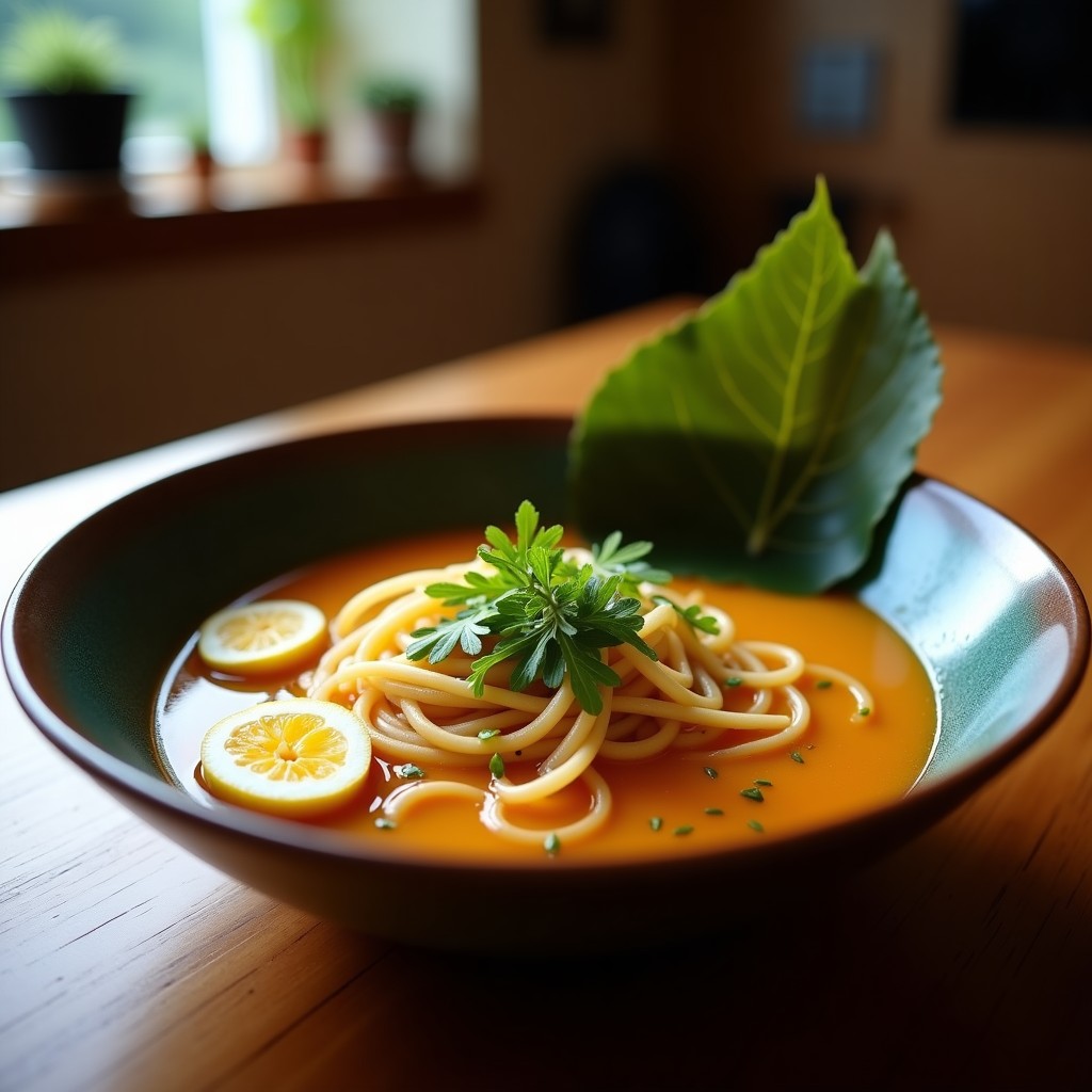 Bowl de ramen keto con zoodles de calabacín, trozos de pollo marinado en Shakira Lime, huevo pochado, semillas de sésamo negro y cilantro fresco, sobre un caldo dorado y humeante.