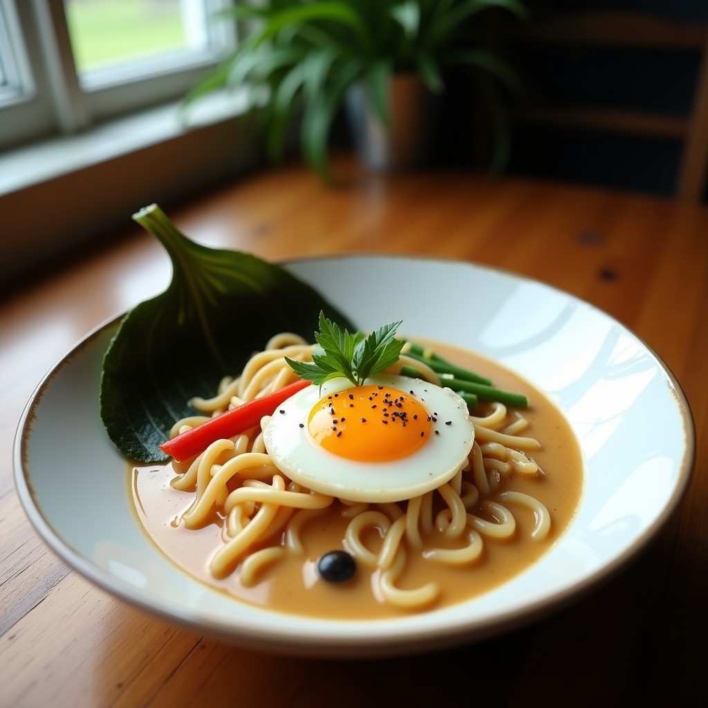 Foto de un tazón de ramen vegano cremoso con verduras asadas y huevo marinado, listo para ser disfrutado - Receta de Ramen Vegano Cremoso